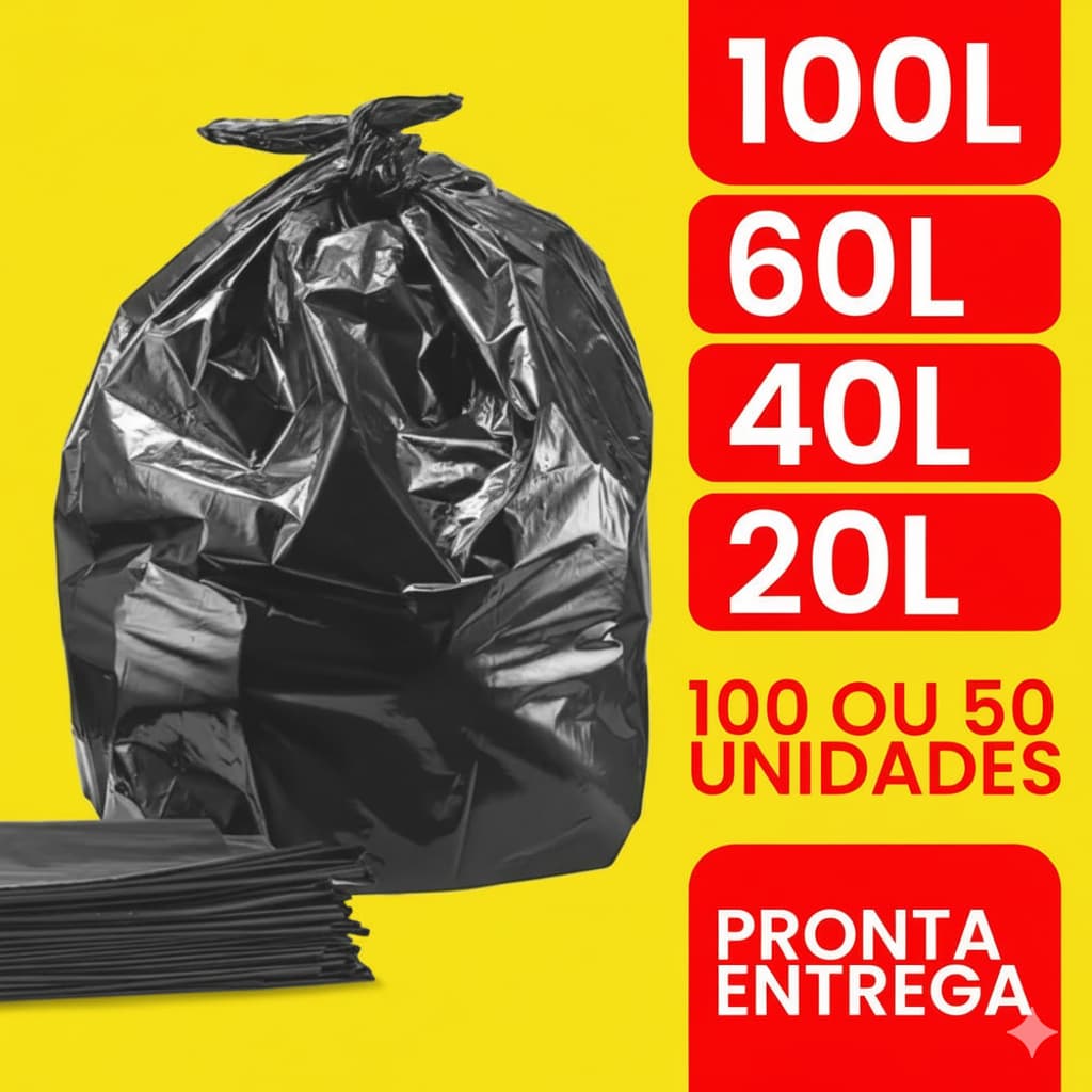 Saco de Lixo Comum Resistente 25/50/100 Unidades Preto 20L / 40L / 60L / 100 Litros Vários Tamanhos