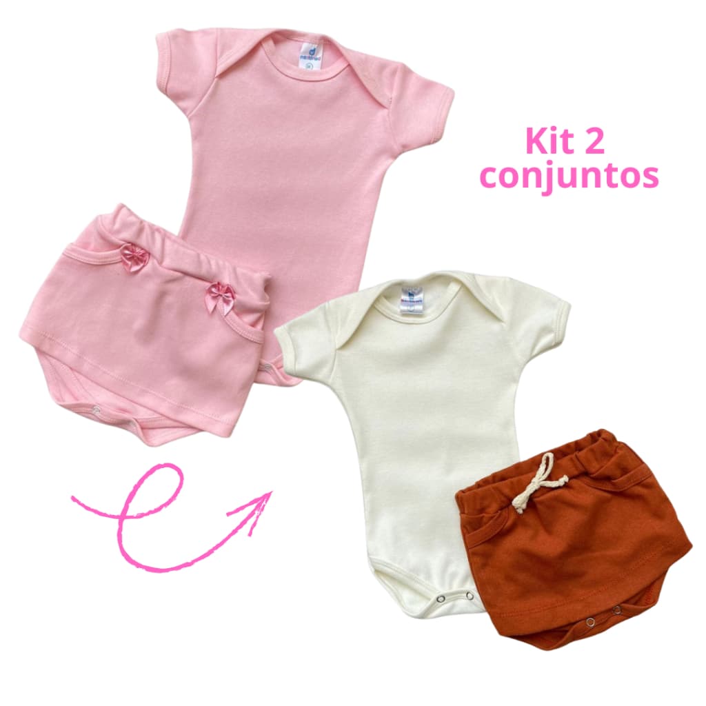 Kit com 2 Conuntos de Bebê Menina Infantil Verão Body + Saia 100% Algodão