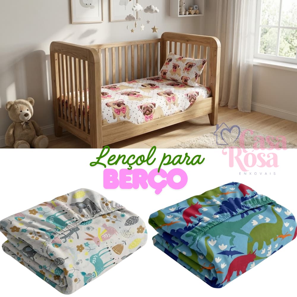Jogo de Lençol Berço Americano 2 Peças – Lençol de Elástico + Fronha – Estampas Sortidas