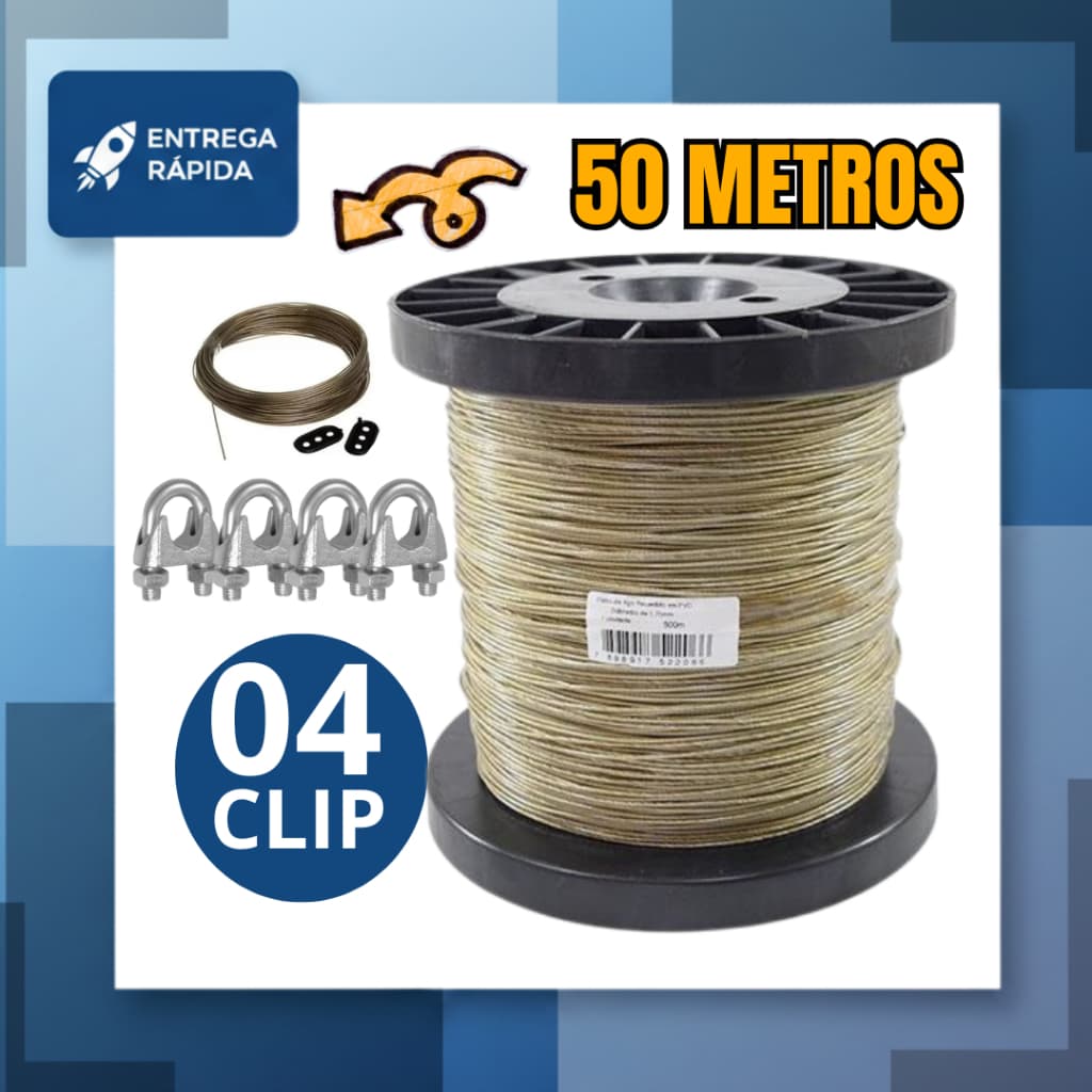 Kit Varal de Cabo de Aço Revestido 1,75mm + 4 Clips Prendedor de Cabo