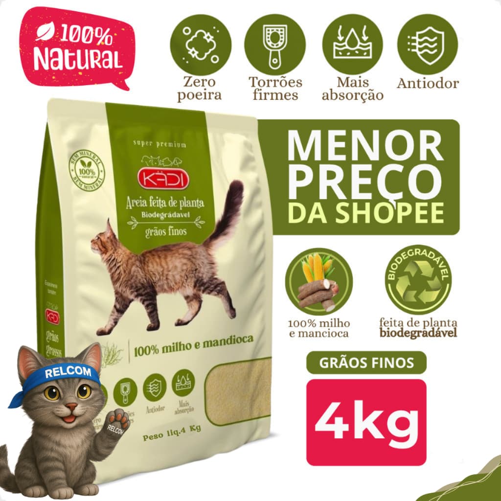 Areia Biodegradável Kadi Grãos Finos e Mistos - 4Kg a 12Kg