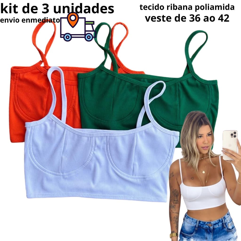 Kit de 3 Blusinha nadador top Cropped MeiaTaça Poliamida Ribana com Forro Duplo Blogueira Sem Bojo crop cropede