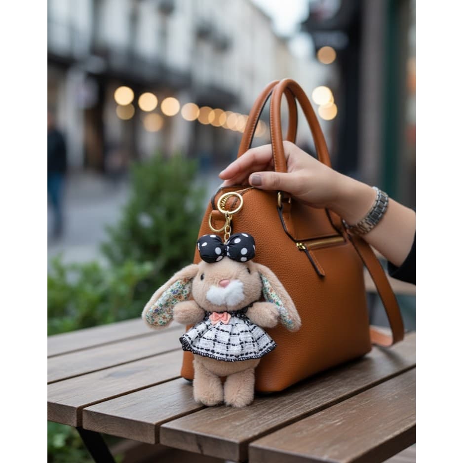 Chaveiro Coelho de Pelúcia Luxo Vestido Xadrez - 7 Cores | Pingente de Bolsa