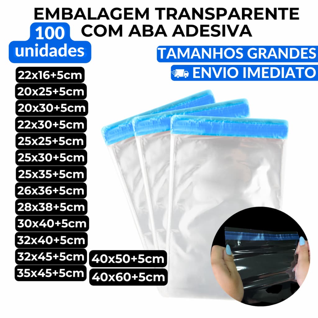 100un Saquinho Transparente C/ Aba Adesiva Embalagem Plástica Reforçada PP - Tamanhos Grandes