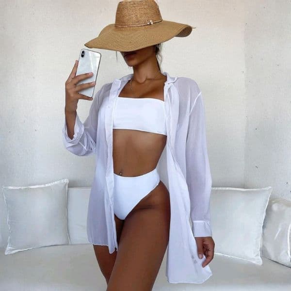 Saída de Praia Feminino Kimono Estiloso Camisa Blusão de Banho Chamise Simples Moda Verão Sem Botão