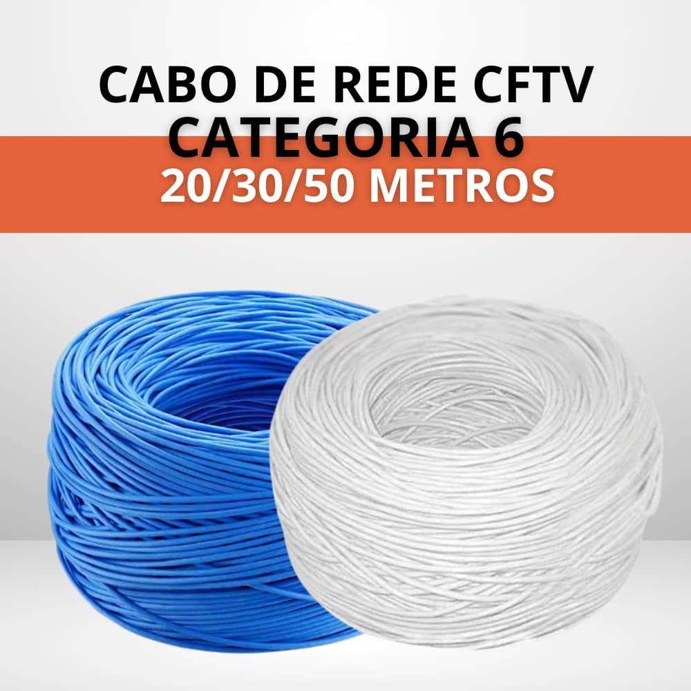 Cabo de Rede Cat6 20/30/50 Metros para CFTV Câmera de Segurança 23AWG Azul e Branco