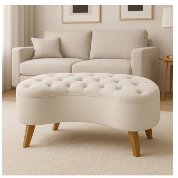 Puff Feijão Banqueta Grande Curvada Divã Estofado de Veludo e Pés de Madeira Banco P/ Sala Recepção