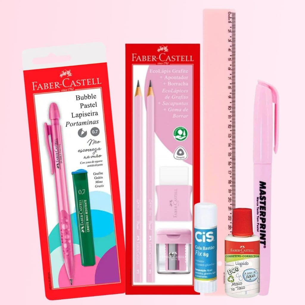 Kit Escolar Rosa Pastel Menina 10 itens Lapiseira Lápis Borracha Régua Marca Texto Volta as Aulas