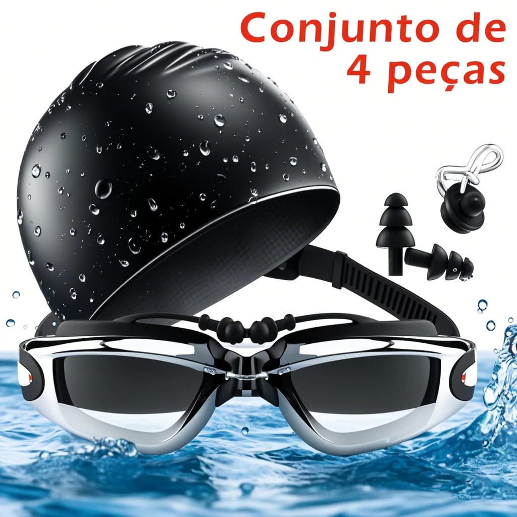 Conjunto de Natação Adulto 4 em 1 | Óculos  com Touca, Clip Nasal e Protetores de Ouvido
