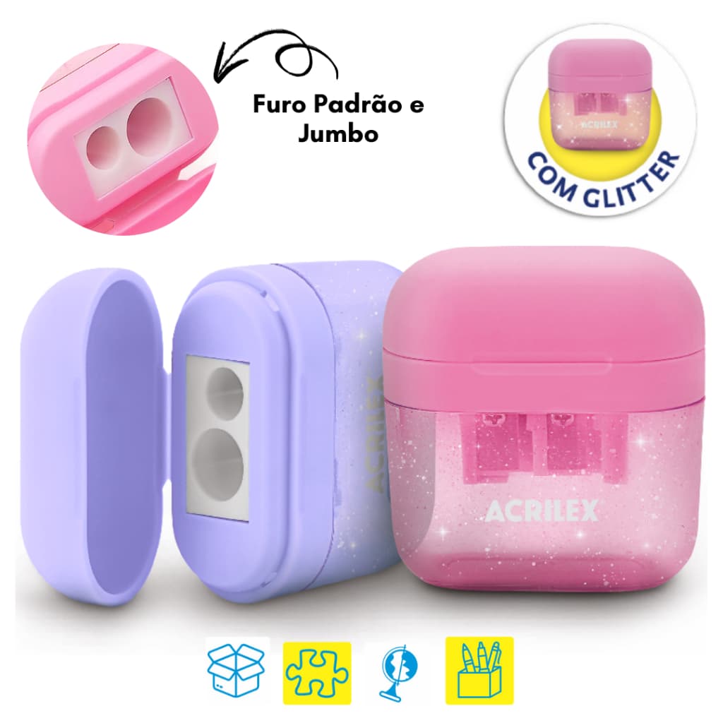 Apontador Duplo Com Glitter e Depósito Furo Jumbo e Normal - Acrilex