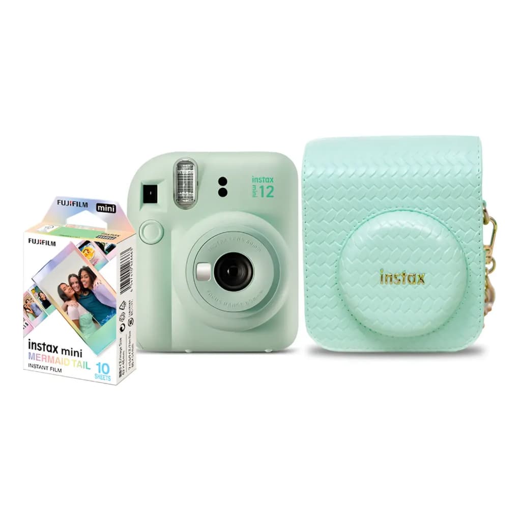 Kit Câmera Instantânea Fujifilm Instax Mini 12 Verde Mermaid com Bolsa e Filme 10 Fotos