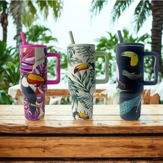 Copo Garrafa Térmico Inox 1200ML/1.2L Alça Tampa Canudo Premium Papagaio Aves Fauna Térmico Tropical