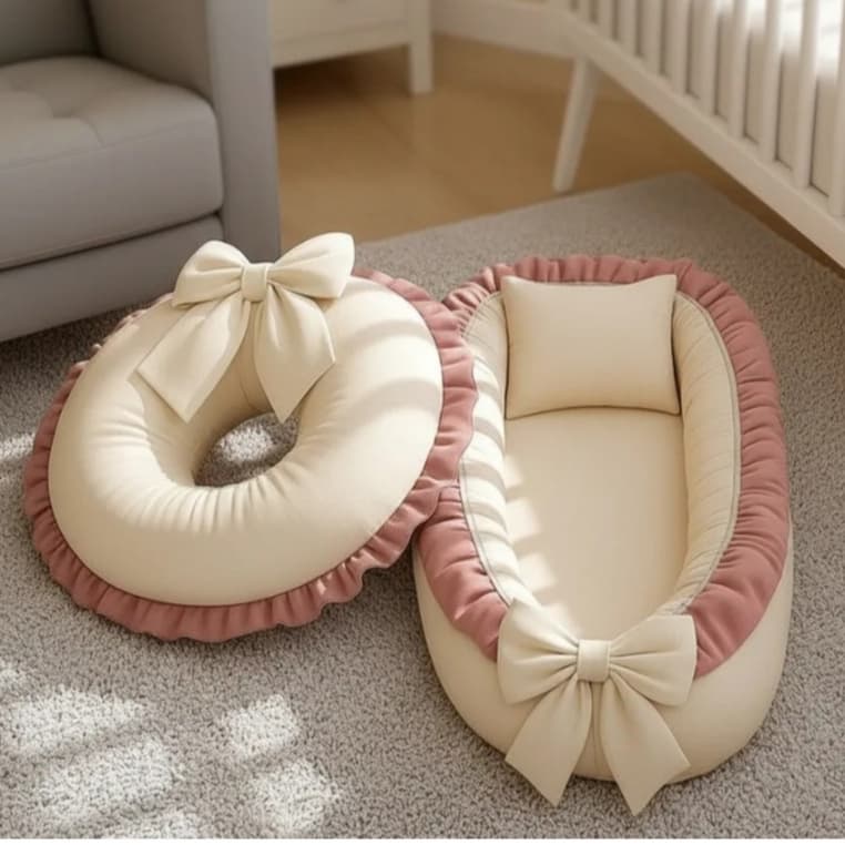 Kit Ninho Redutor + Almofada Amamentação 100% Algodão Babado Palha com Rosê