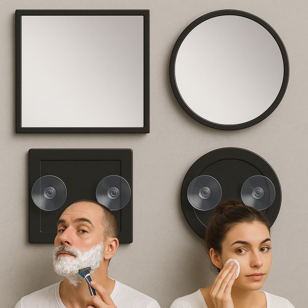 Espelho Quadrado e Redondo 14CM com Ventosa p Barba e Maquiagem Banheiro / Box.