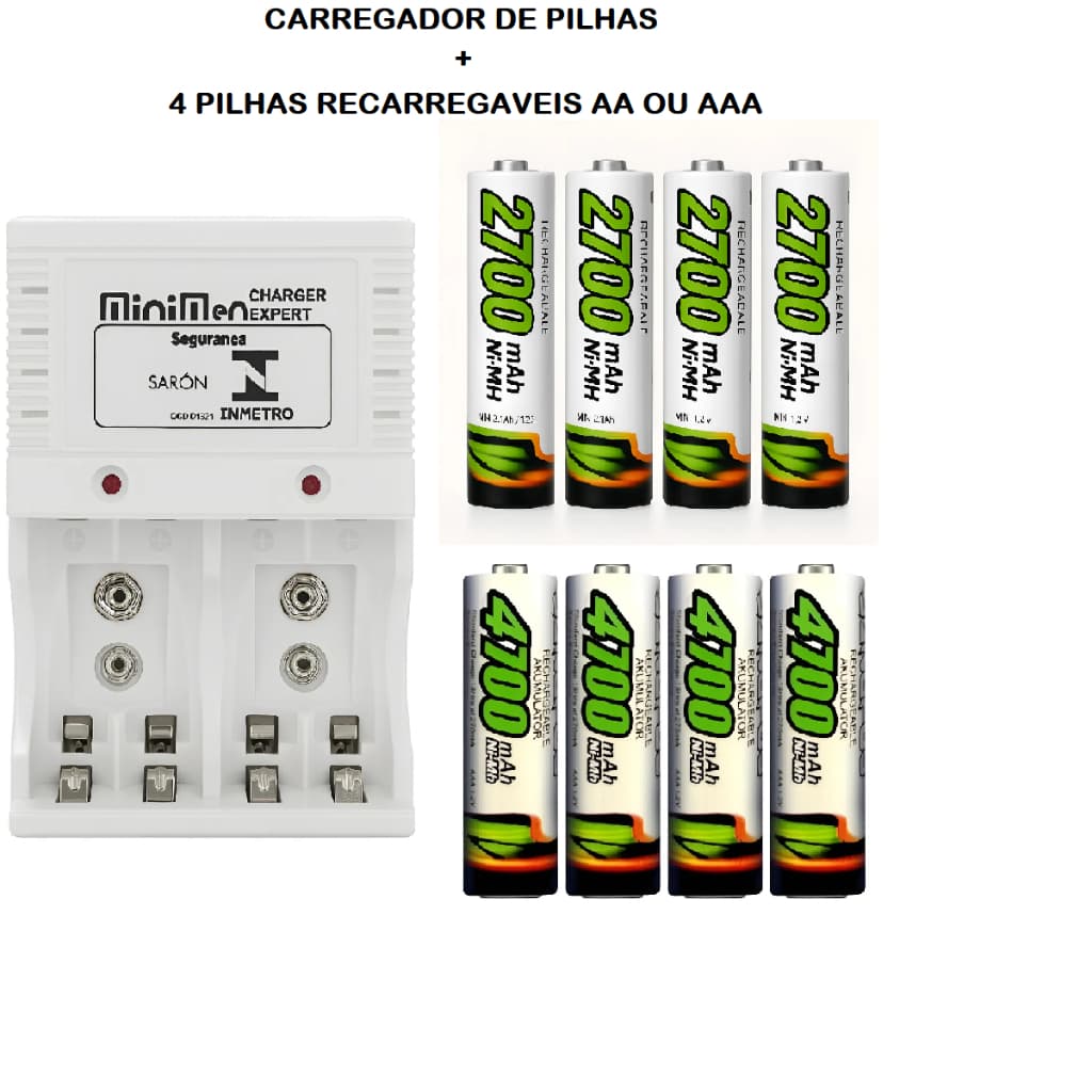 Kit Carregador De Pilhas E Pilhas Recarregáveis
