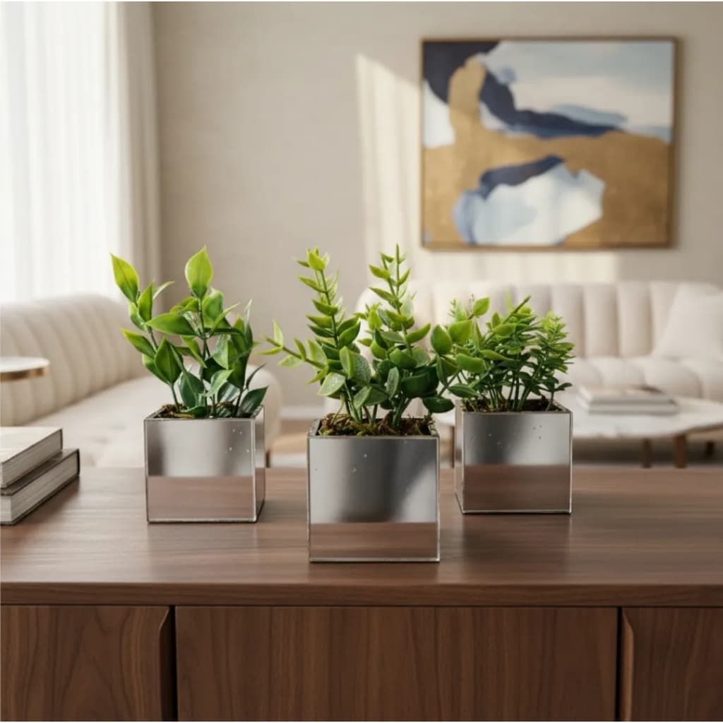 Kit 3 vasinhos espelhados com plantinhas verdinhos artificiais luxo