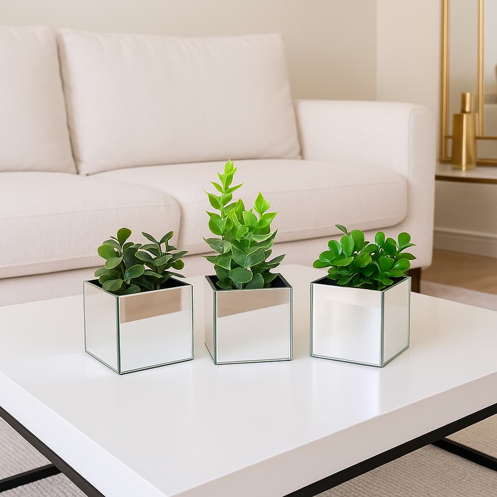 Kit 3 vasinhos espelhados com plantinhas artificiais folhagem decorativa luxo