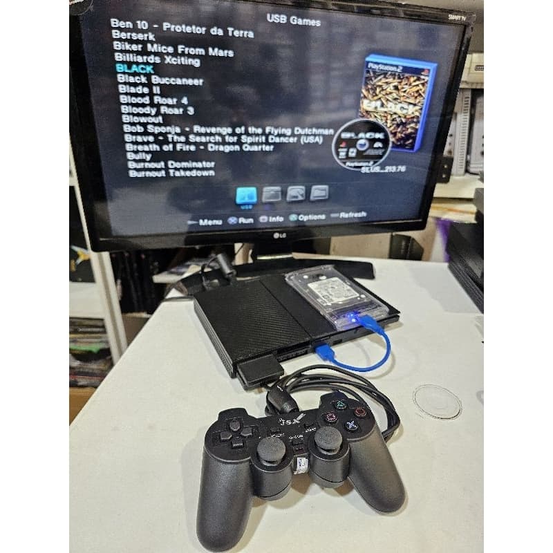 Ps2 tunado com OPL de 500gb 1 controle e cabos