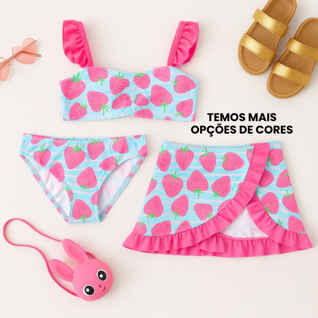 Conjunto Tríquini Biquíni Saia Infantil 3 Peças Feminino Saída Praia Praia Luxo Estampa Moranguinho