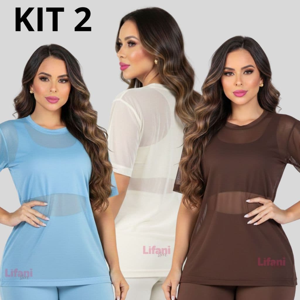Kit 2 Blusa Tule Feminina Transparente Manga Curta Moda Fitness Camisão De Treino Arrastão Lisa Gola Redonda
