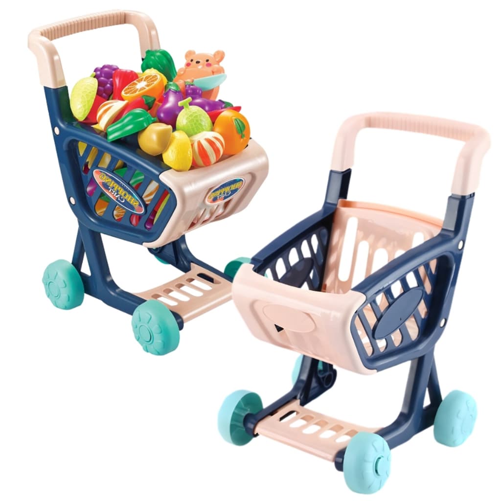 Carrinho De Compras Supermercado Infantil Mercado Azul com Frutinhas e Rosa com Docinhos