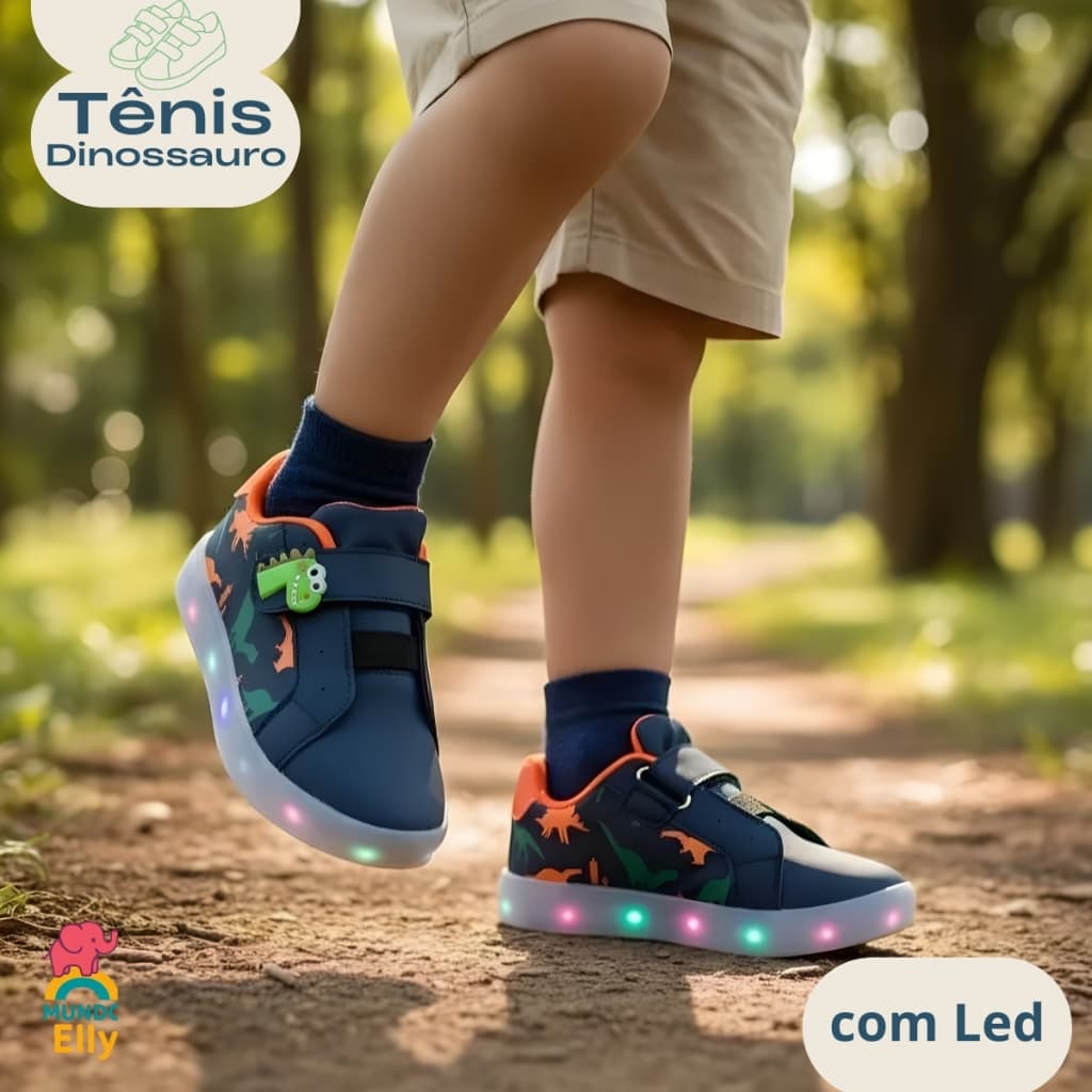 Tênis Infantil Led Barato Dinossauro Confortável Menino