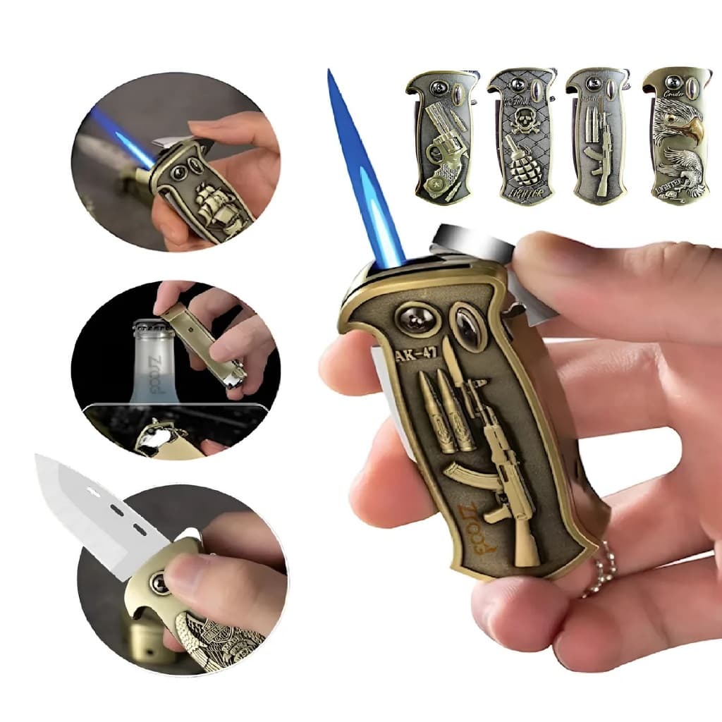 Maçarico Isqueiro Canivete 4 em 1 com Abridor e Chaveiro Isqueiro enviado com temas sortidos e sem gás