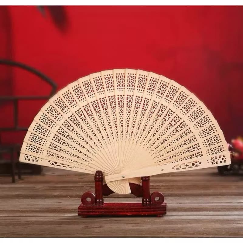 kit 1/3/6 Leque de Madeira Oriental Sortidos / Todo de Madeira Bordado