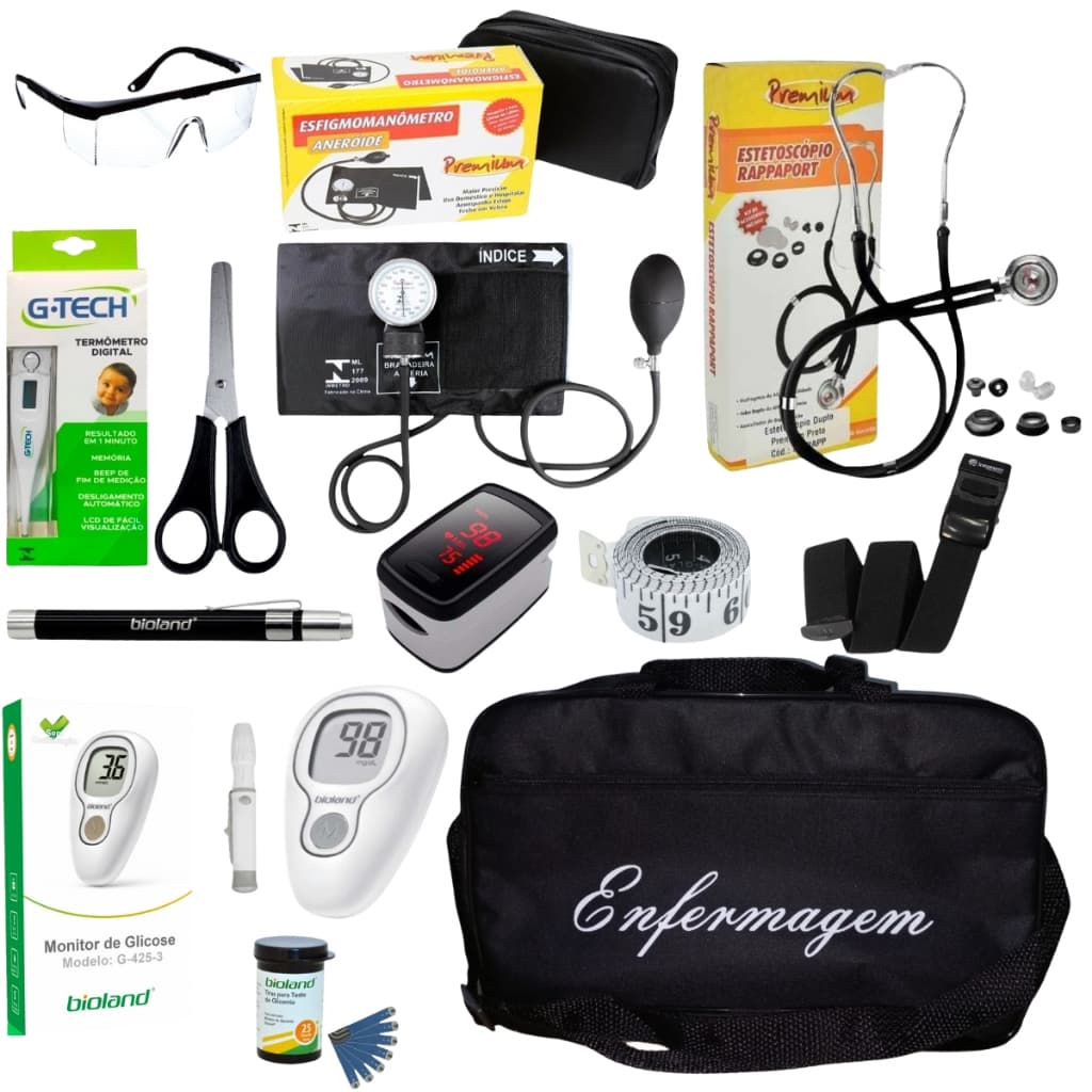 Kit De Enfermagem Preto Premium Com Oxímetro E Glicossímetro Completo
