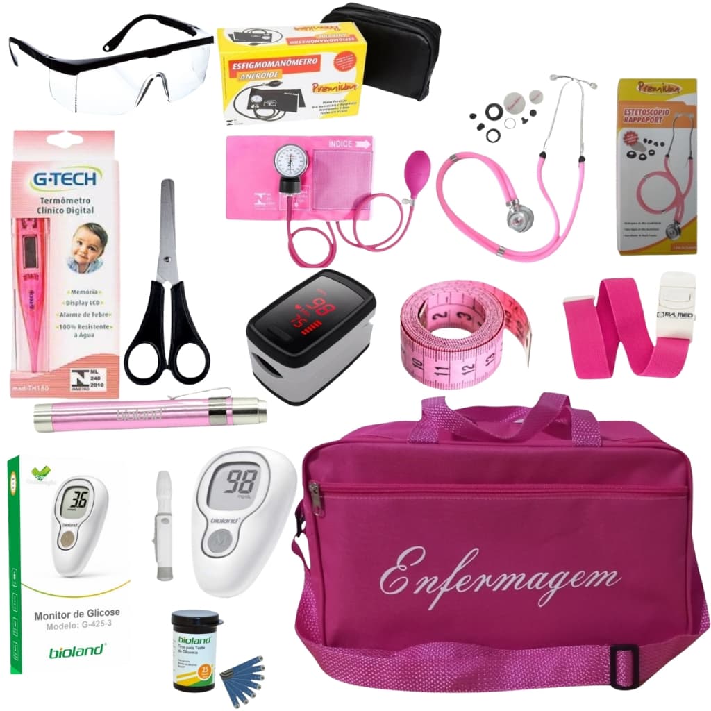 Kit De Enfermagem Rosa Premium Lindo Com Oxímetro E Glicossímetro Completo