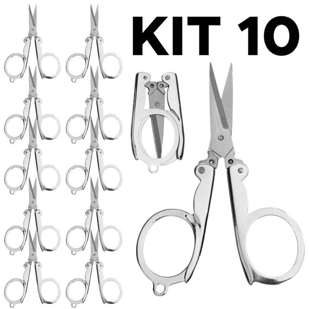 Kit 10 Mini Tesoura dobrável aço inoxidável Ponta fina para estética custura papelaria e plantas