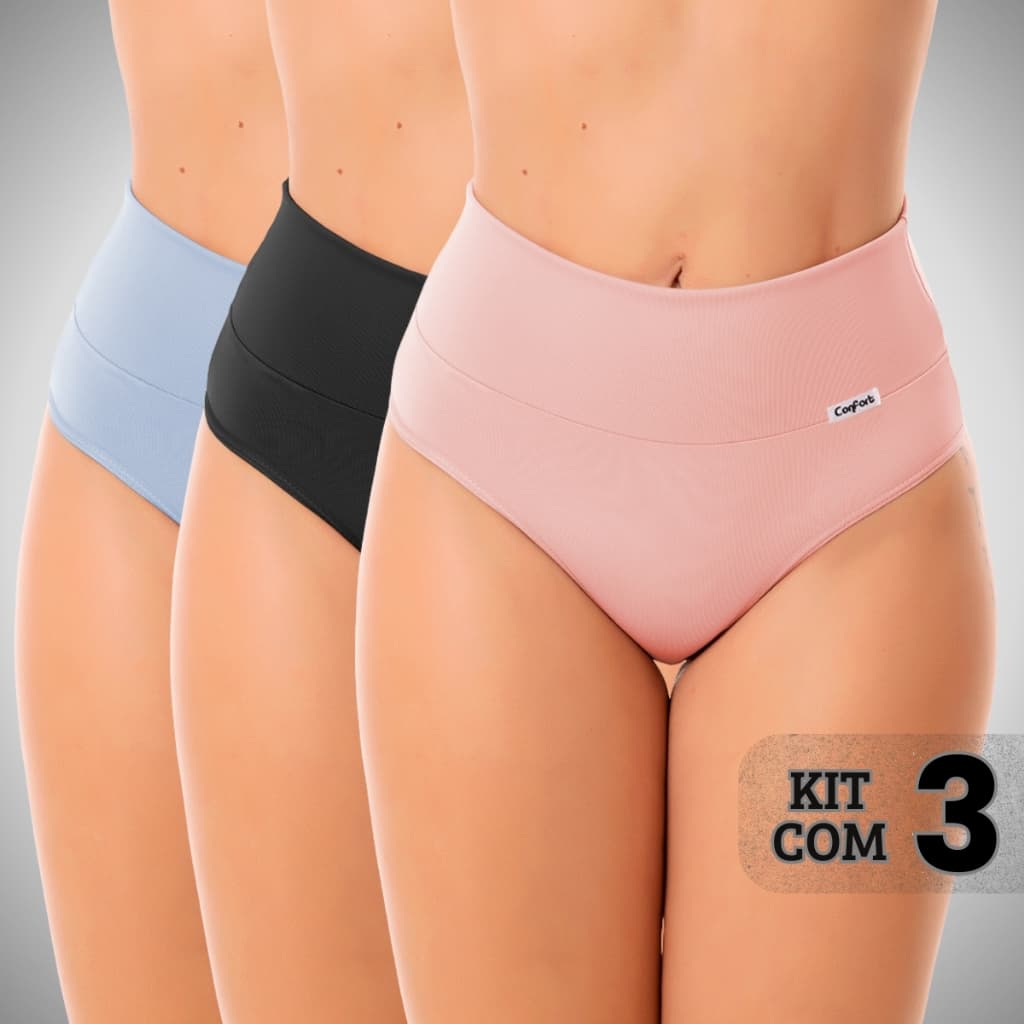 Kit 3 Calcinhas Cós Alto Pós Parto Gestante Cintura Alta Ajuste Perfeito Modela o Corpo