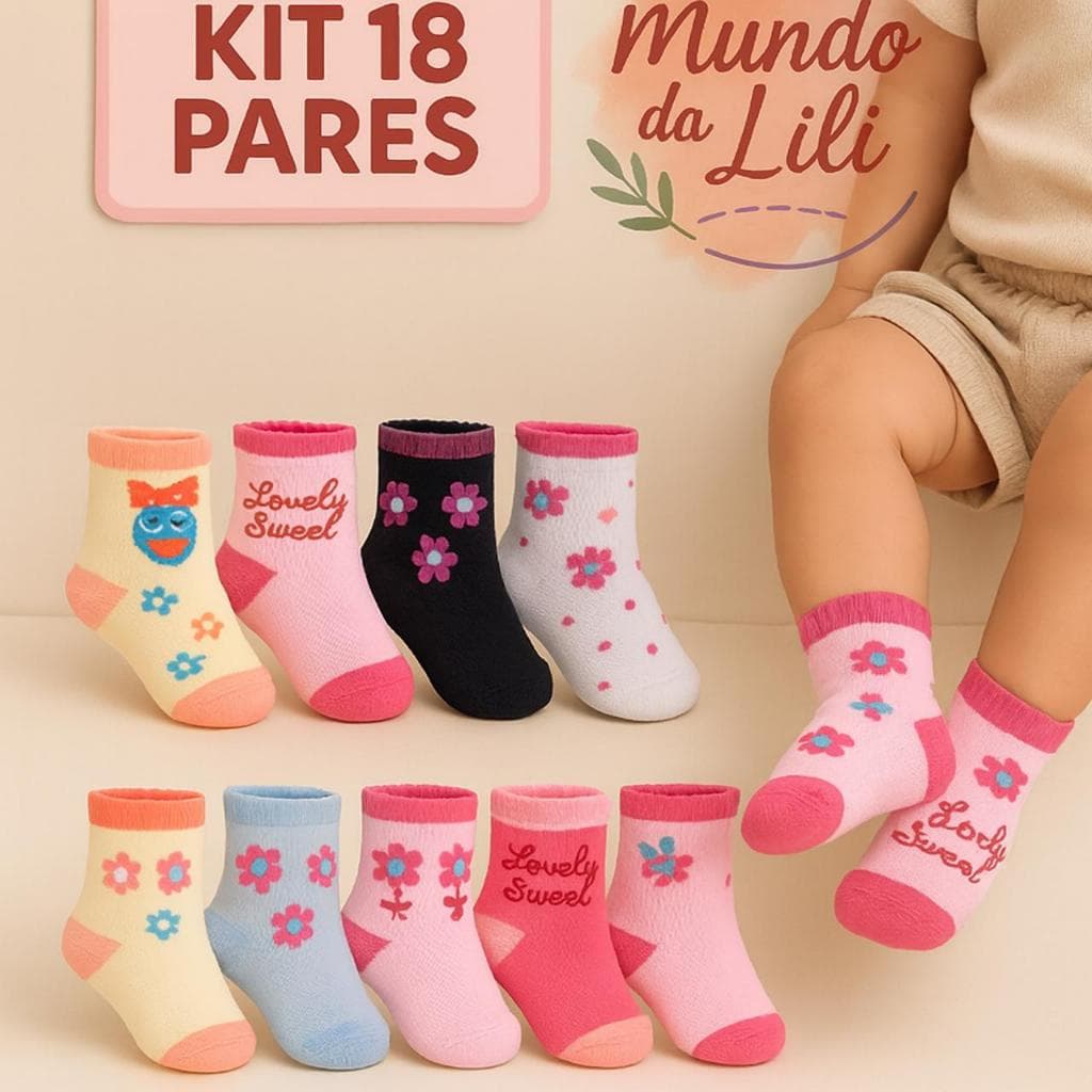 Kit Até 18 Pares de Meias Infantil Feminina e Bebê Menina Estampadas 0 a 12 Anos