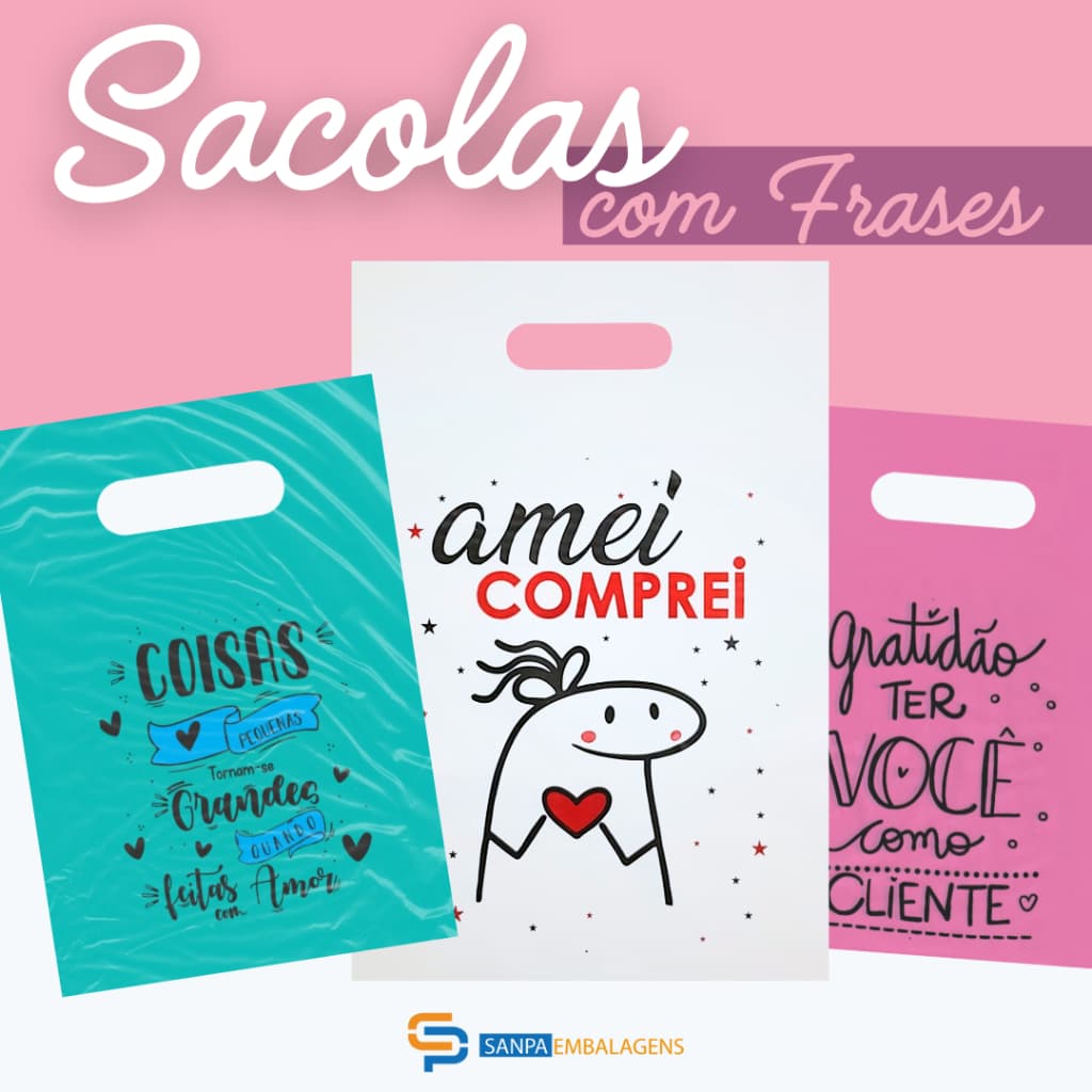 Sacolas Boca de Palhaço Alça Vazada bolsa com Frases 16x20, 20x30 ou 30x40