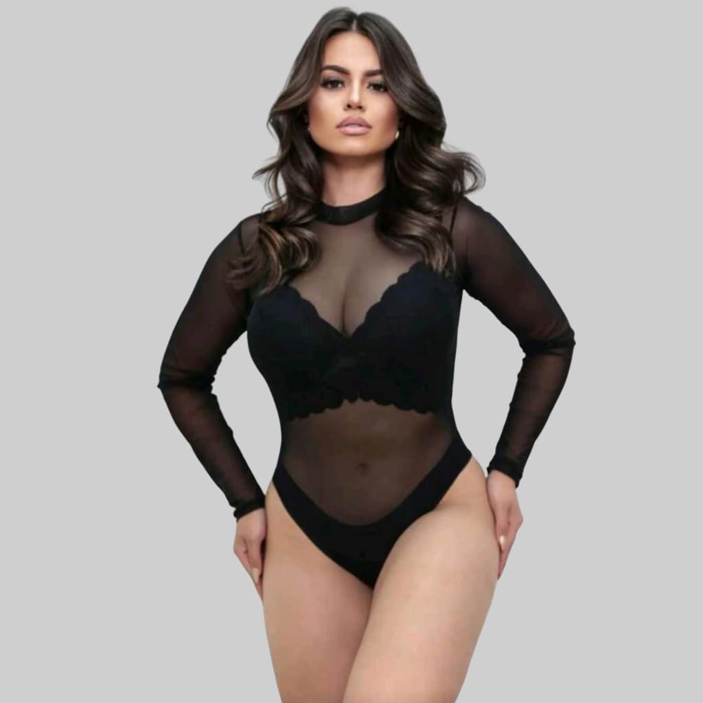 Body de Tule Manga Longa Transparente Bori Tendencia Plus Size