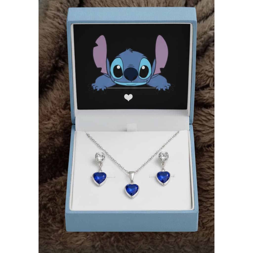 ✨ Conjunto de Joias Infantil Coração Stich– Aço Inox Hipoalergênico + Caixa de Veludo Temática ✨