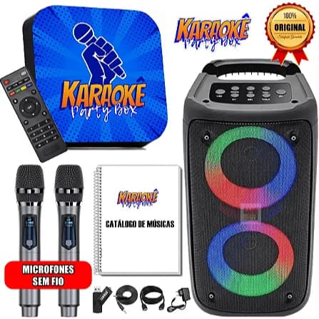 Karaoke Party Box Profissional +2 Microfones Sem Fio +Caixa De Som +2000 Músicas +Catálogo Impresso