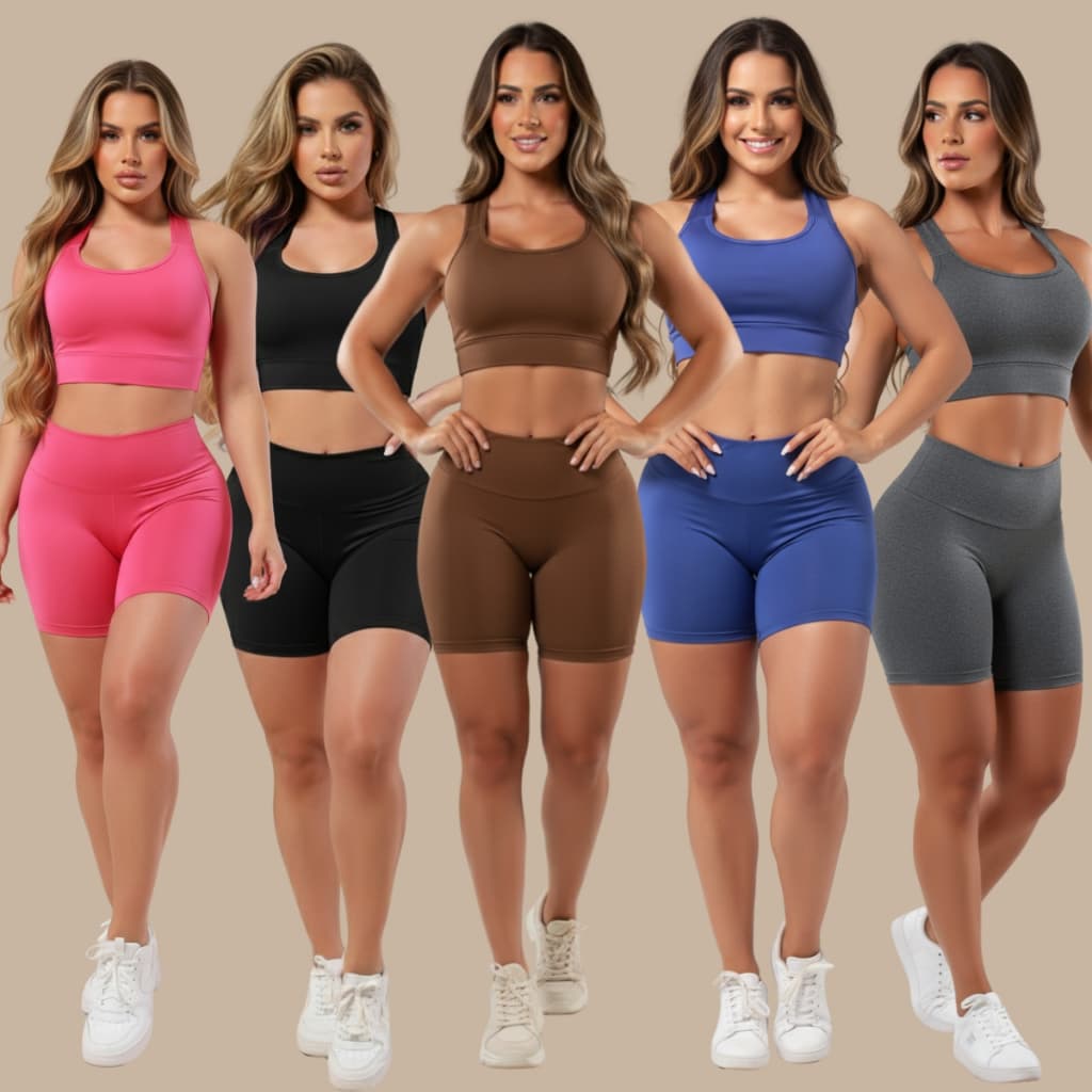 Kit 05 Conjuntos Fitness Femininos A11 – Short e Top para Academia Liso e Estampado