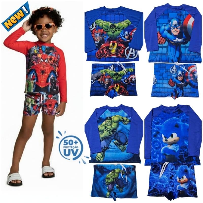 Blusa UV de proteção + SUNGA com FORRO e Cadarço personagem menino praia natação