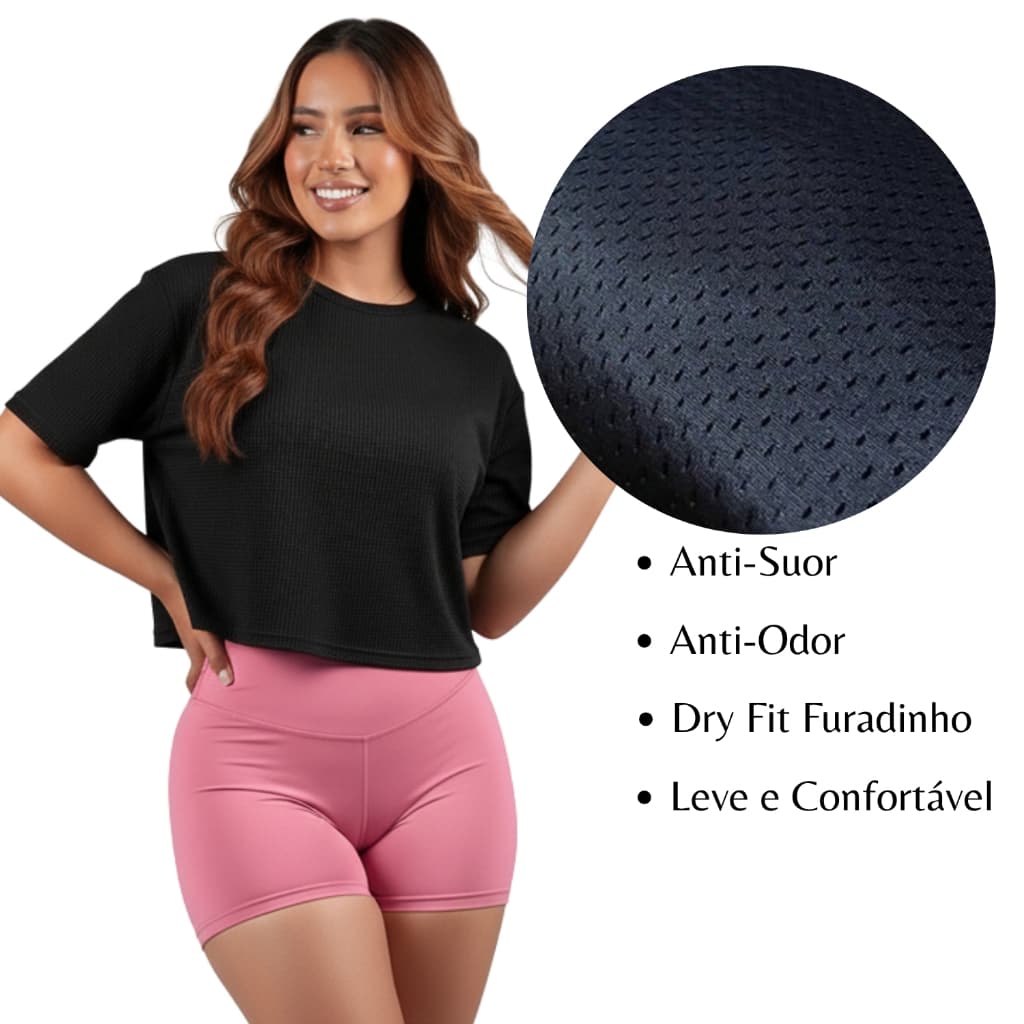 Cropped Feminino Fitness Dry Fit Furadinho Anti-Suor e Anti-Odor Liso Academia Treino Corrida