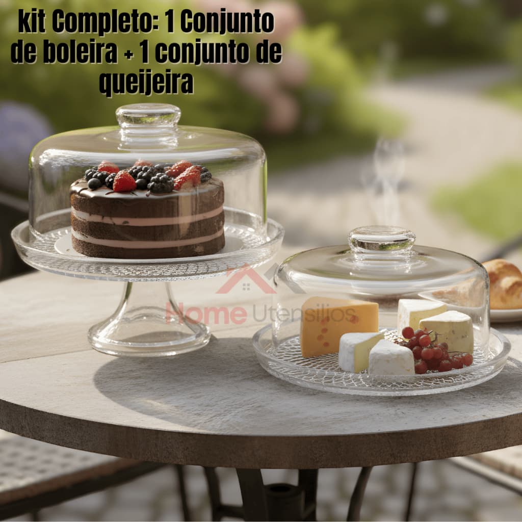Kit Boleira e Queijeira de vidro Porta queijo prato de vidro para bolo com tampa