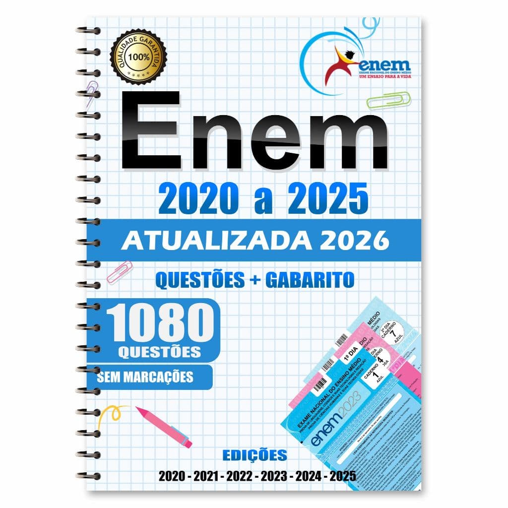 Apostila Enem 2026 com Provas de  2020 a 2025 + Gabarito + Redação