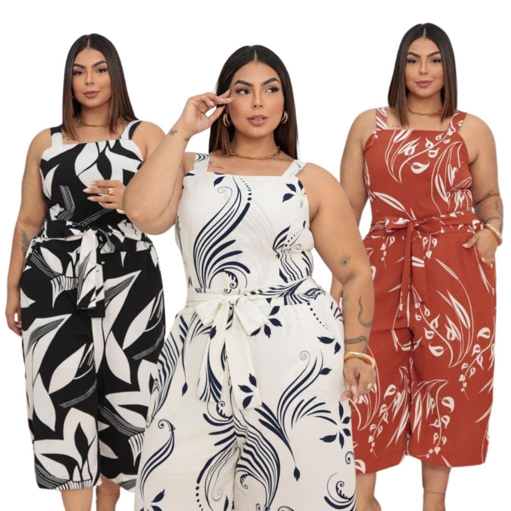 Macacão Jardineira Pantacourt Plus Size Feminino Forrado com Bolso