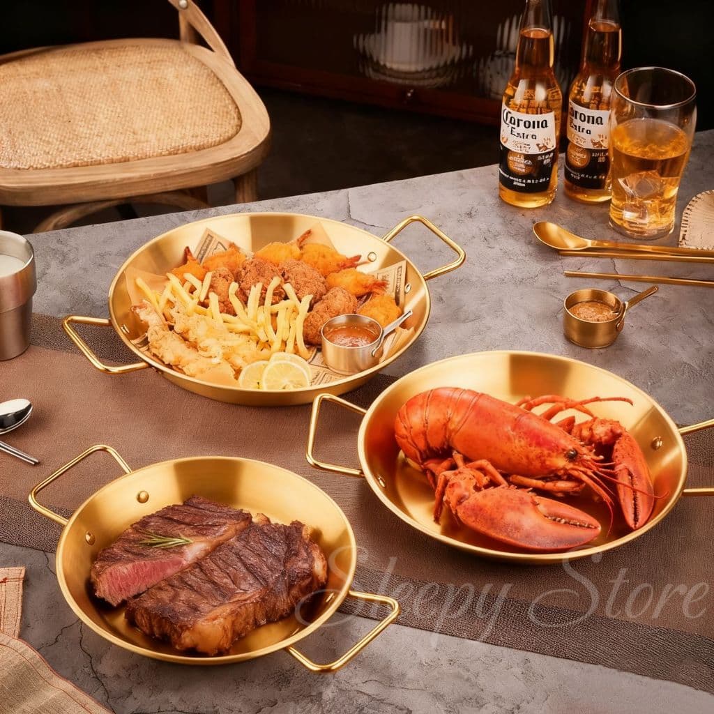 Prato De Bife Aço inoxidável Dourado Prato De Comida Frita Com com alças