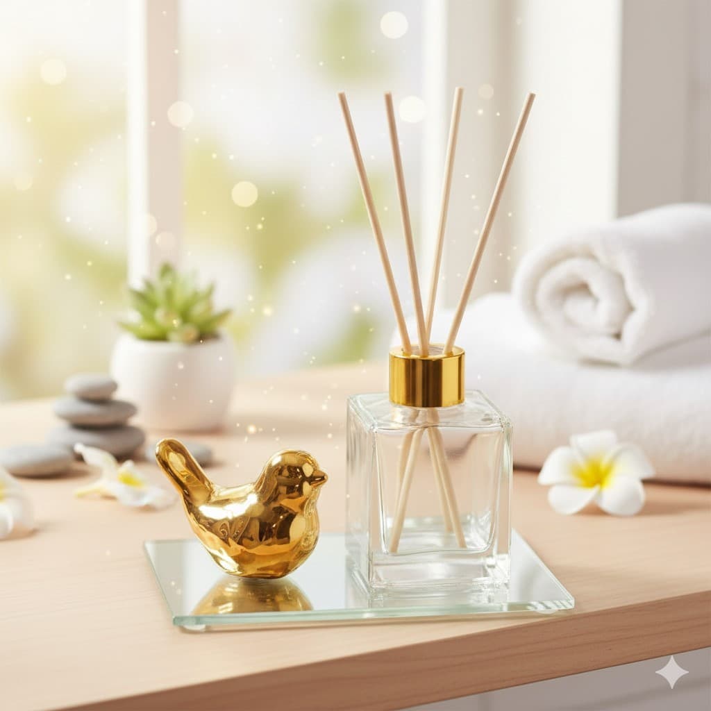 Kit Lavabo Difusor Cubo de Vidro 100 ml Dourado Pássaro Bandeja Elegante