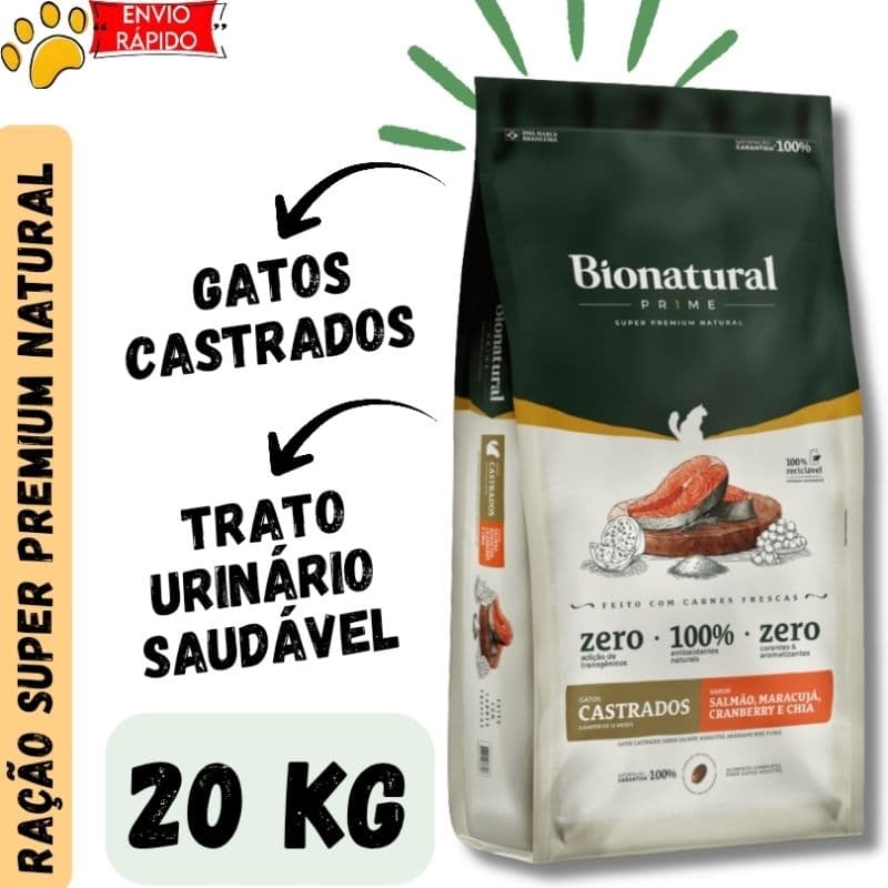 Ração Bionatural Prime para Gatos Castrados sabor Salmão 20 KG