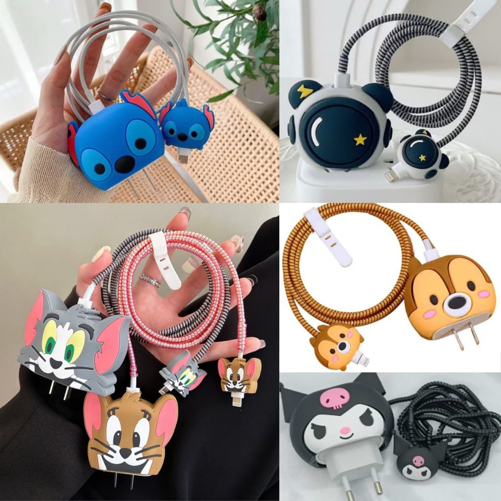 Protetor de Cabo + Fonte Carregador De Celular Antiquebra Personagens Kit