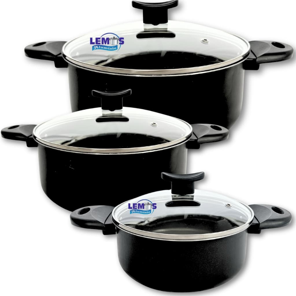 Kit Panelas Caçarolas 3 Peças 16 18 20 ou 20 22 24 cm Antiaderente com Tampa de Vidro Teflon Preto