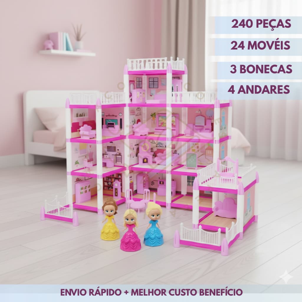 Casinha de Boneca Castelo da Princesa DE ATÉ 240 Peças DE ATÉ 3 Mini Bonecas Completa Presente de Natal