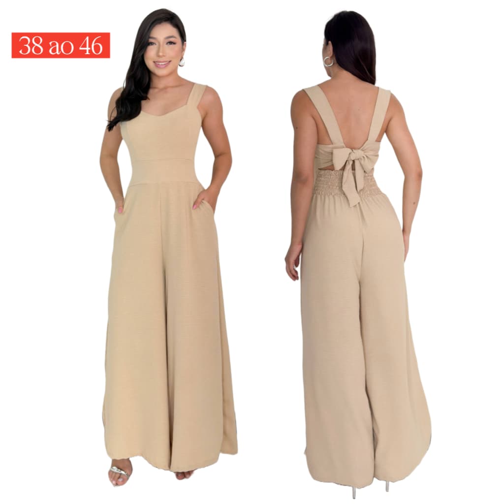 Macacão Elegante Feminino Festa Crepe Duna Com Bojo Bolso Elástico na Cintura Amarração 38 ao 46